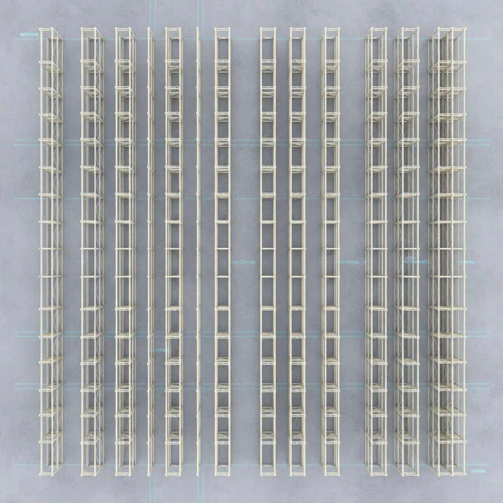 Top view warehouse layout showing aisles racks and forklift paths