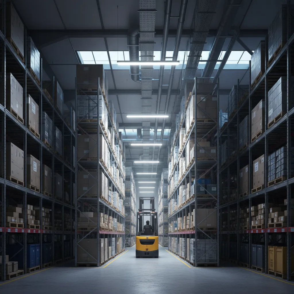 Large warehouse aisles lighting up with motion sensors as a forklift passes