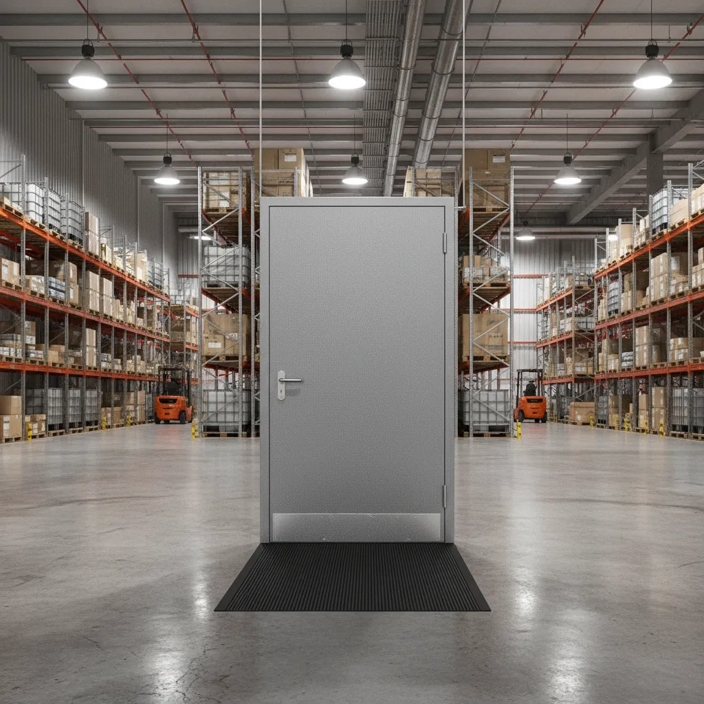 warehouse personnel door with heavy rubber door sweep sealing bottom gap