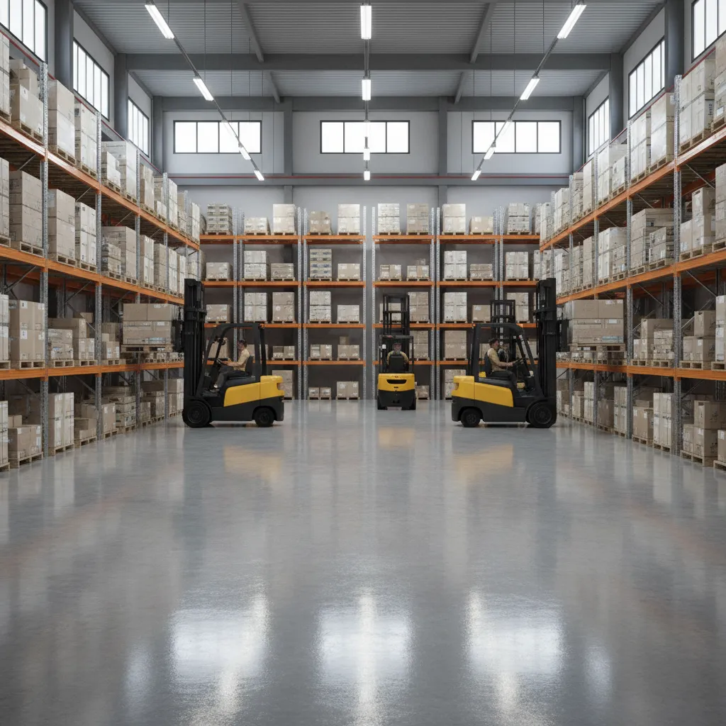 Industrial warehouse interior with heavy duty epoxy floor coating