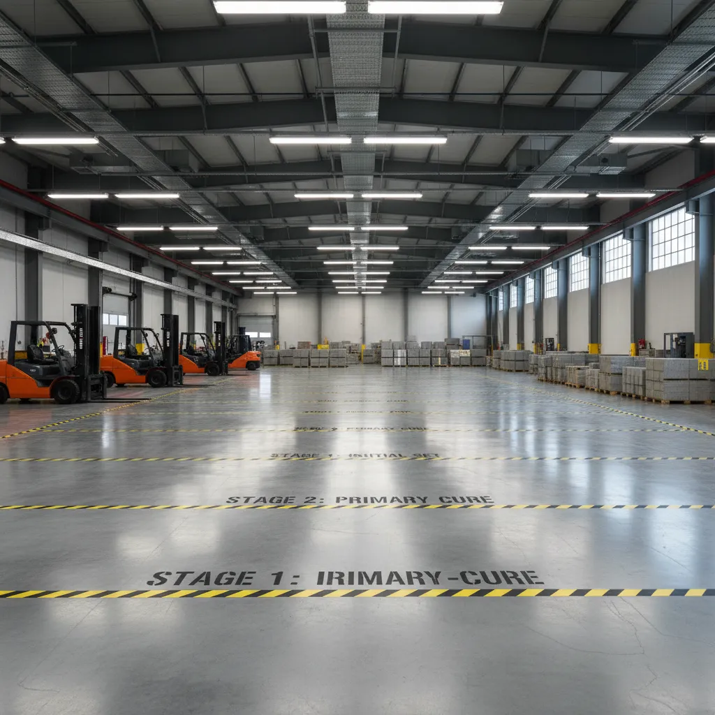 warehouse epoxy floor coating with staged reopening zones and curing areas