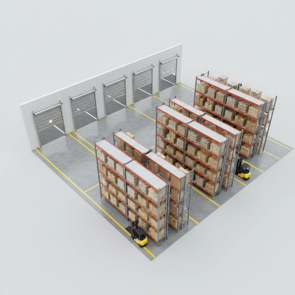 3d warehouse floor plan showing roll-up doors loading dock staging area and storage aisles