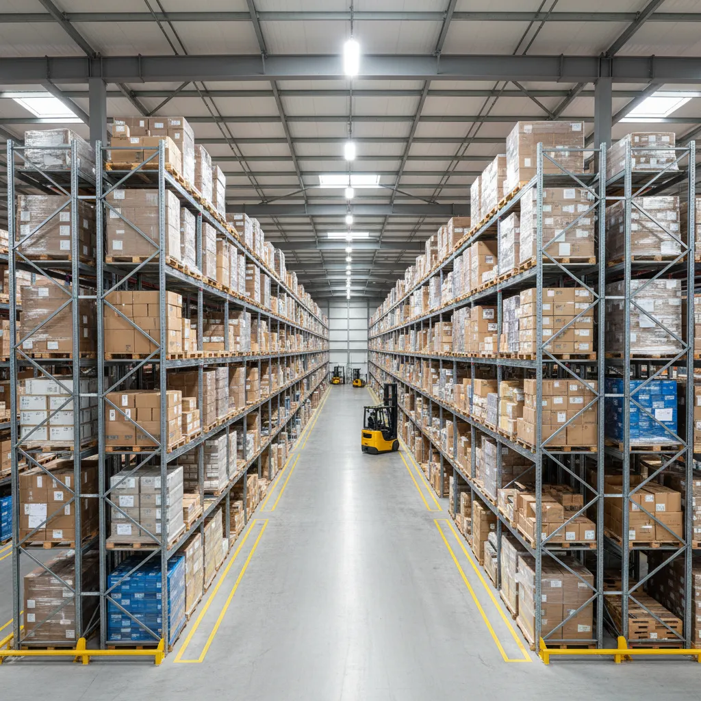 Distribución interior de un almacén con estanterías altas y pasillos amplios