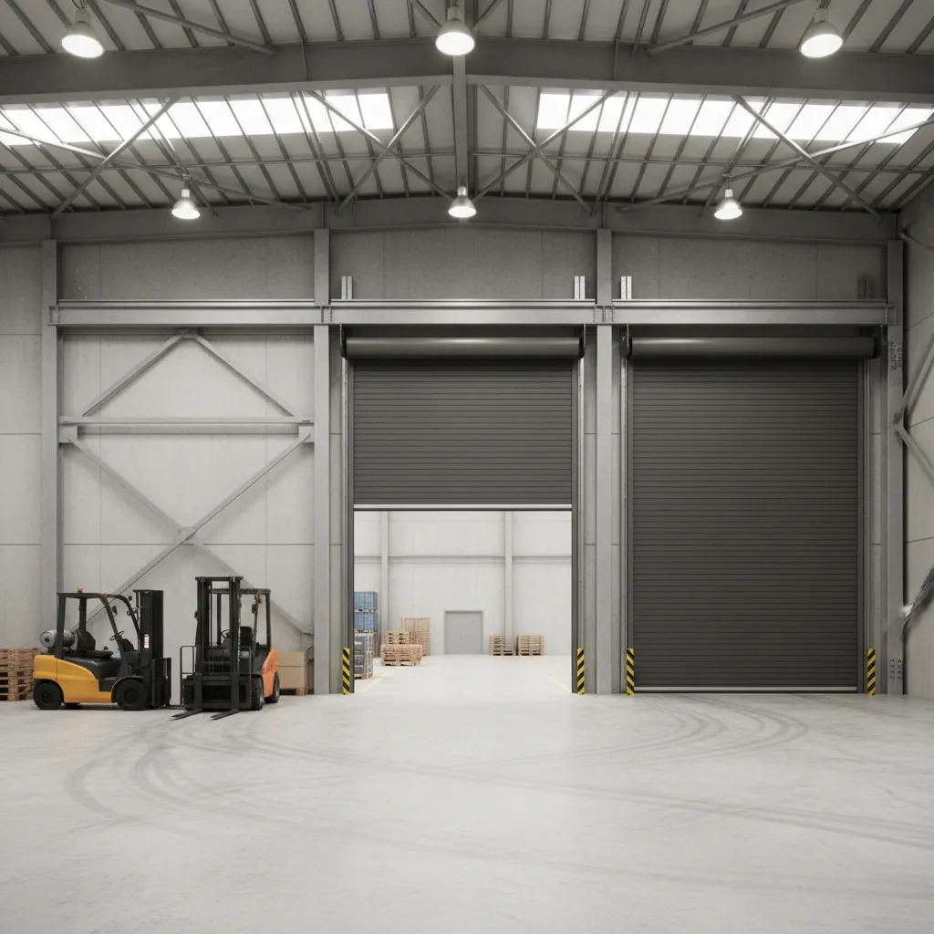 Large industrial warehouse entrance secured by heavy duty sliding security door
