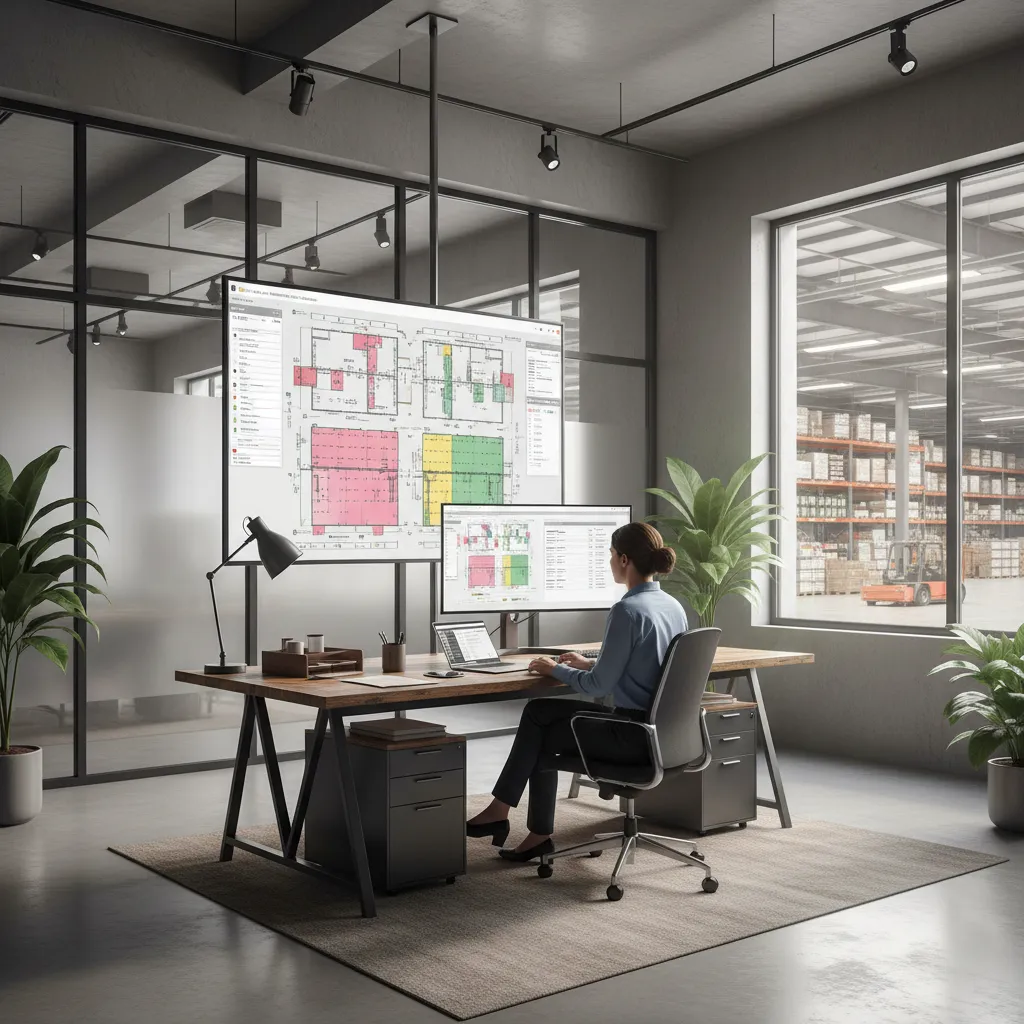 Warehouse manager reviewing digital warehouse floor plan layout on computer screen