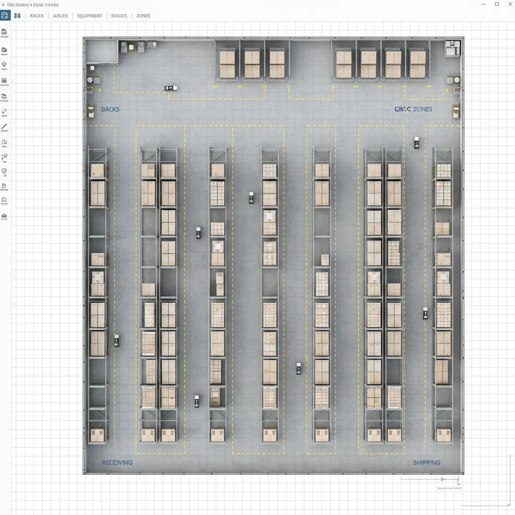 Warehouse floor layout planning software with racks aisles and dock zones