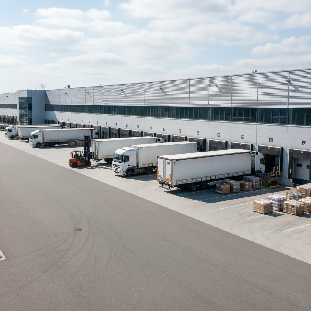 Zona exterior de carga y descarga con camiones en muelles de almacén