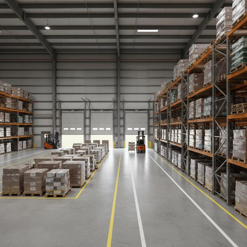 warehouse interior showing separation between loading dock staging zone and pallet storage racks