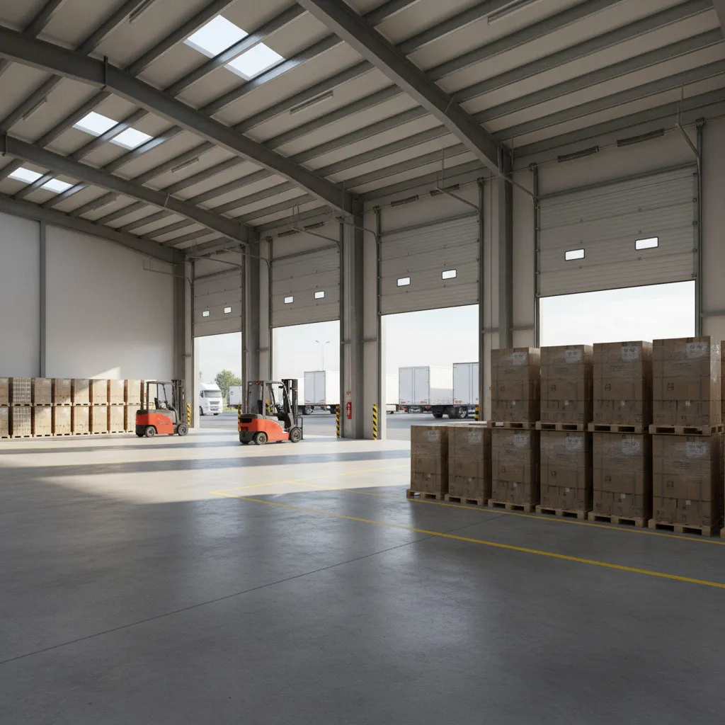 warehouse staging area with roll-up loading doors and forklifts near pallet staging zone