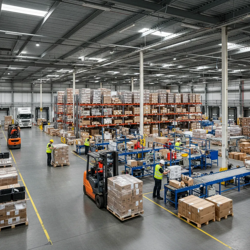 Flujo logístico dentro de un almacén con montacargas y zonas de picking