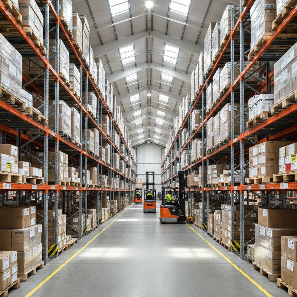 Vista de pasillos logísticos bien organizados en una nave industrial