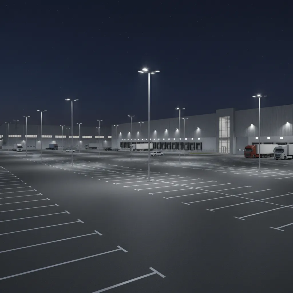 commercial warehouse parking lot illuminated with automated LED light poles at night