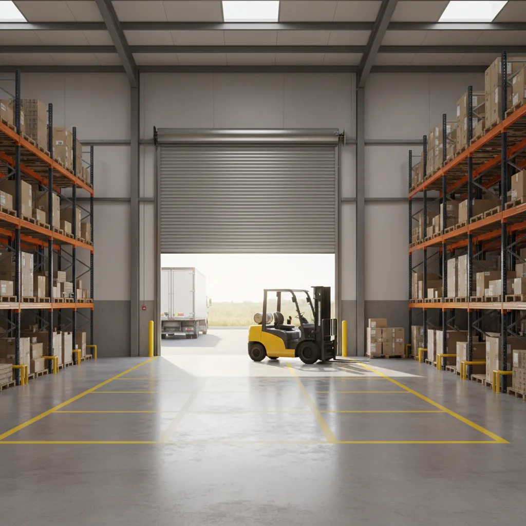Warehouse interior with roll-up door and clear pallet staging area