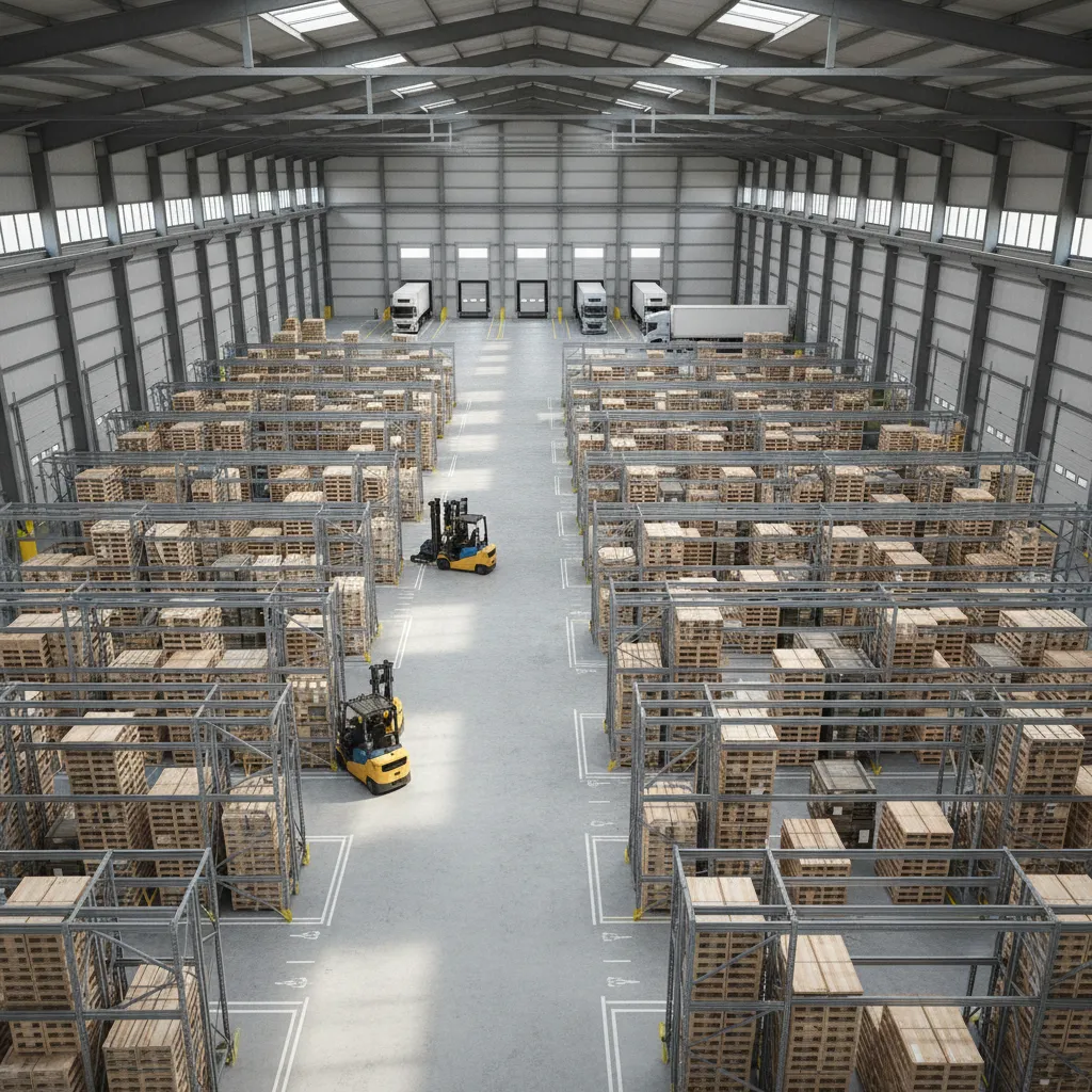 Warehouse floor plan with storage racks logistics aisles and loading docks