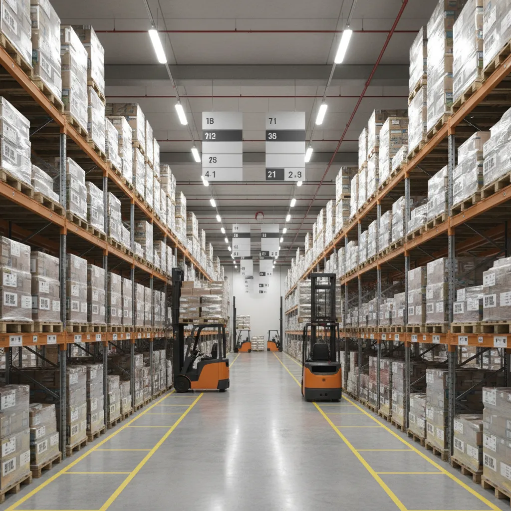 Efficient warehouse storage layout with racks and picking zones
