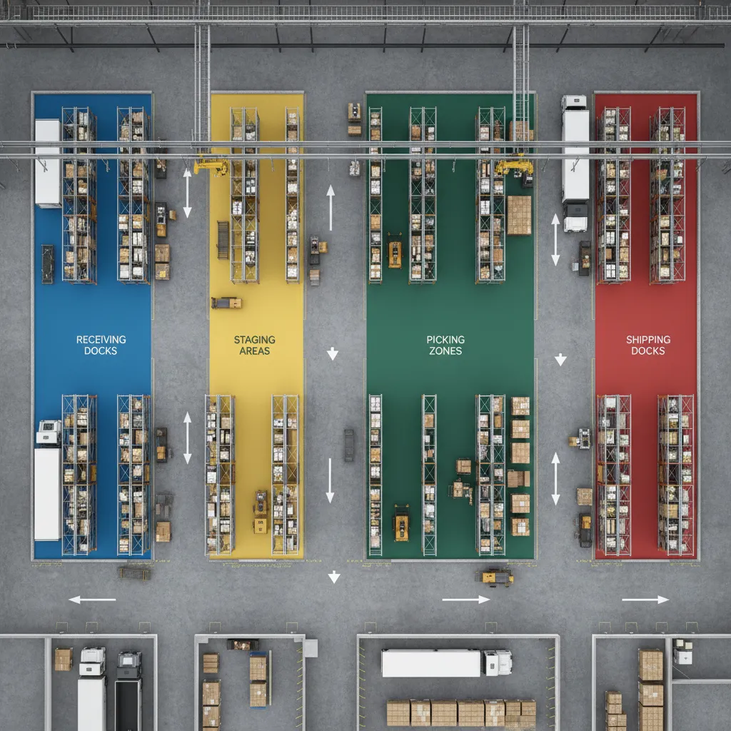 Warehouse storage zoning diagram showing picking zones and staging areas