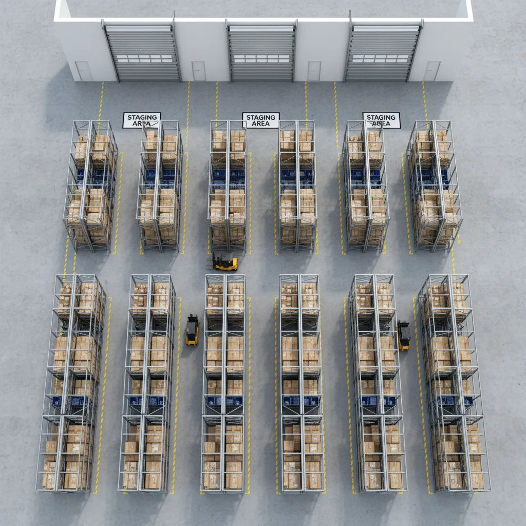 Warehouse layout showing forklift traffic paths near roll-up doors