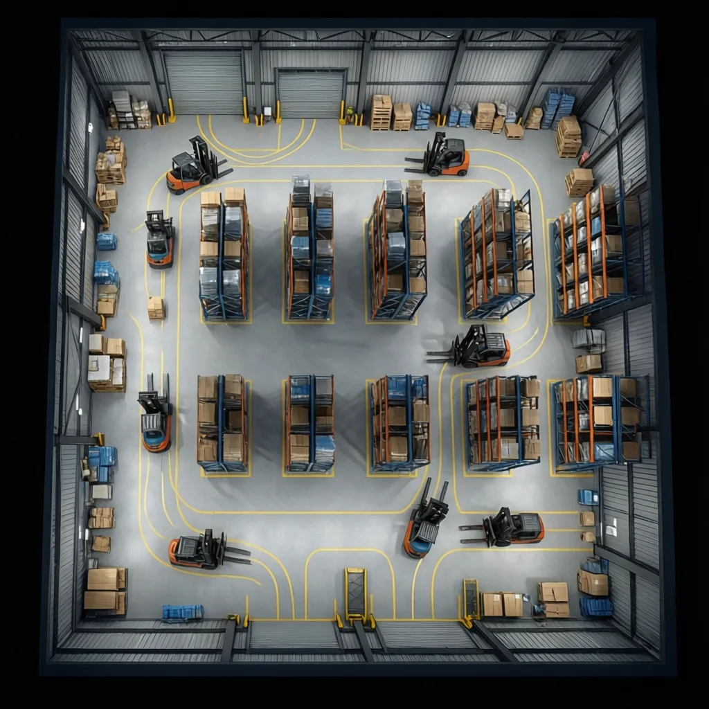 Warehouse floor plan visualization showing forklift traffic routes through door openings