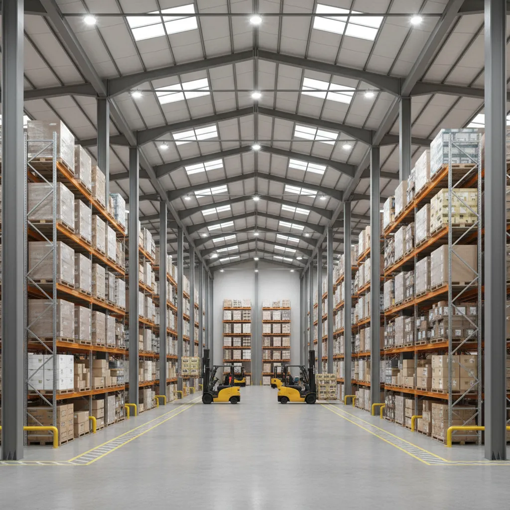 Large warehouse interior with wide column spacing and storage racks