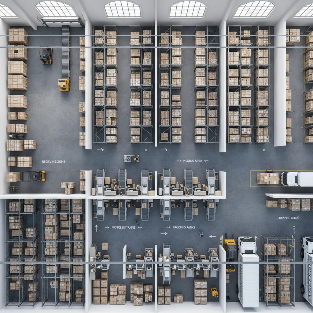 Warehouse zones diagram showing receiving storage picking and shipping flow