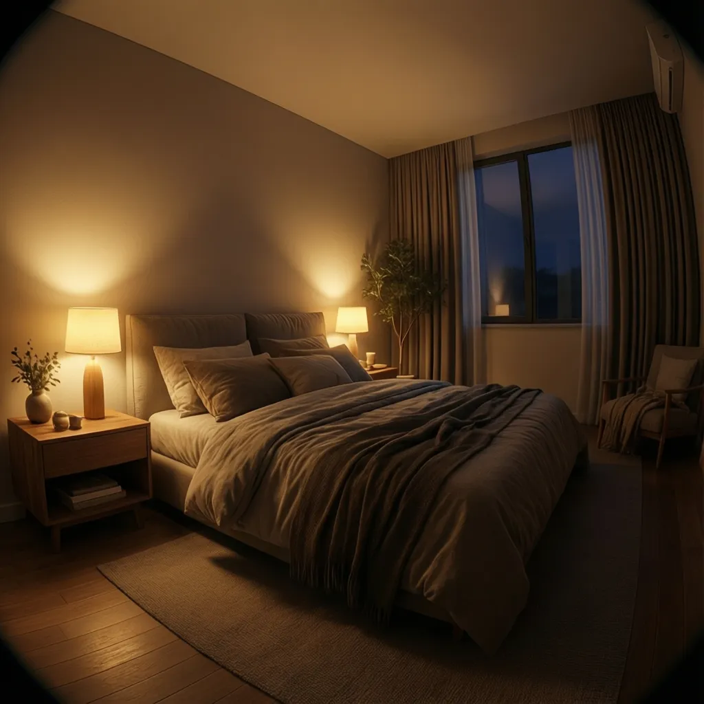 Bedroom with warm ambient lighting suitable for nighttime relaxation
