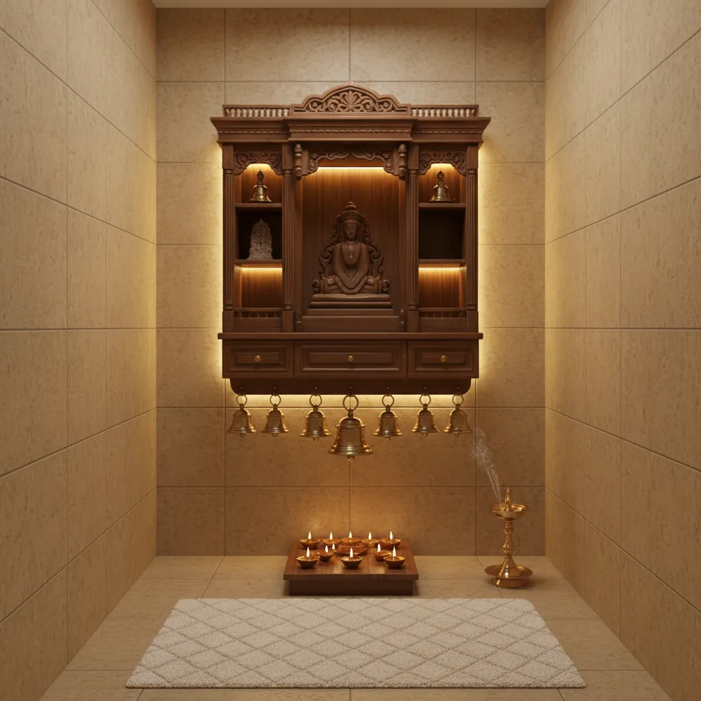 Small pooja room with warm beige stone tiles and wooden mandir