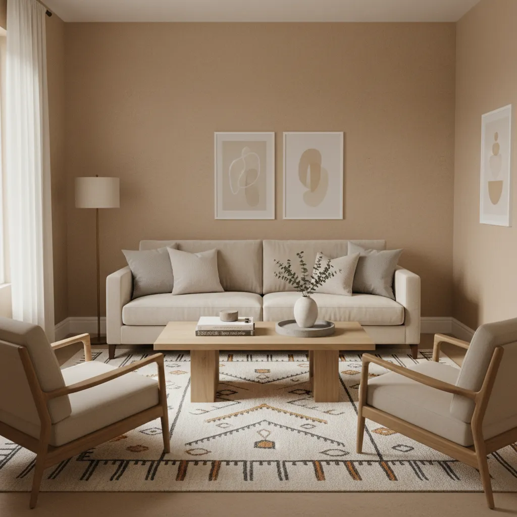 Warm beige painted small living room with cozy furniture