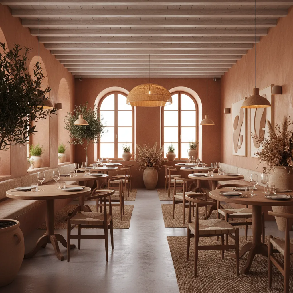 Interior de restaurante con paredes terracota y iluminación cálida