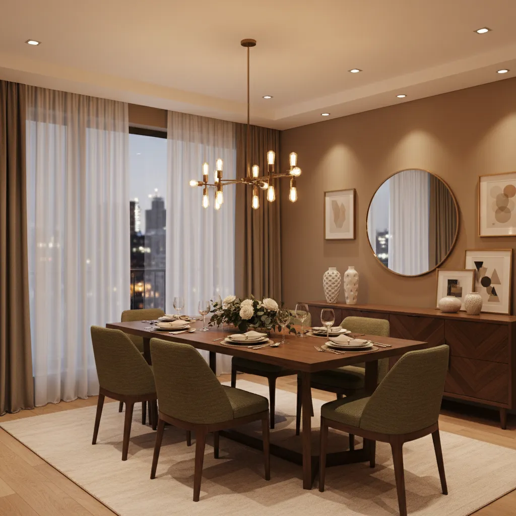 Dining room illuminated with warm 3000K lighting highlighting table setting