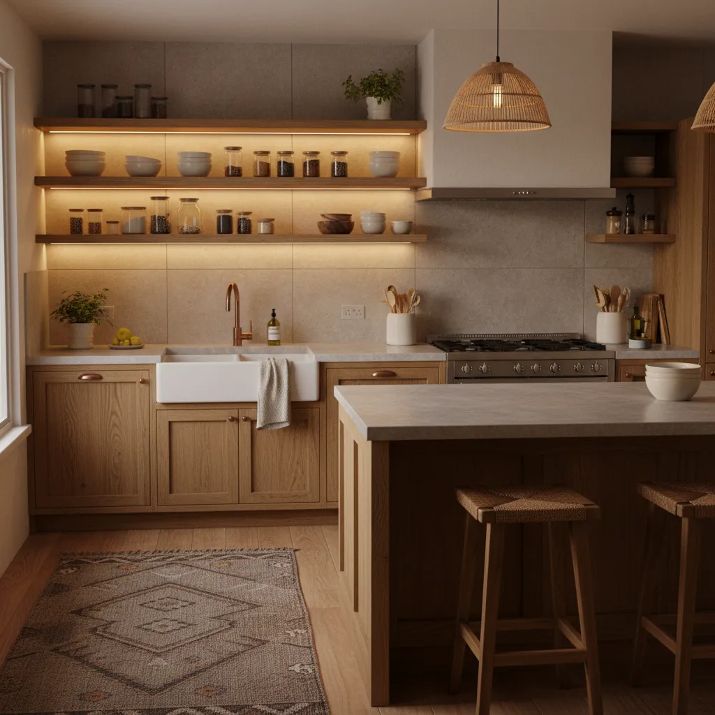 Warm cozy kitchen with soft lighting and open shelving for soup bowls