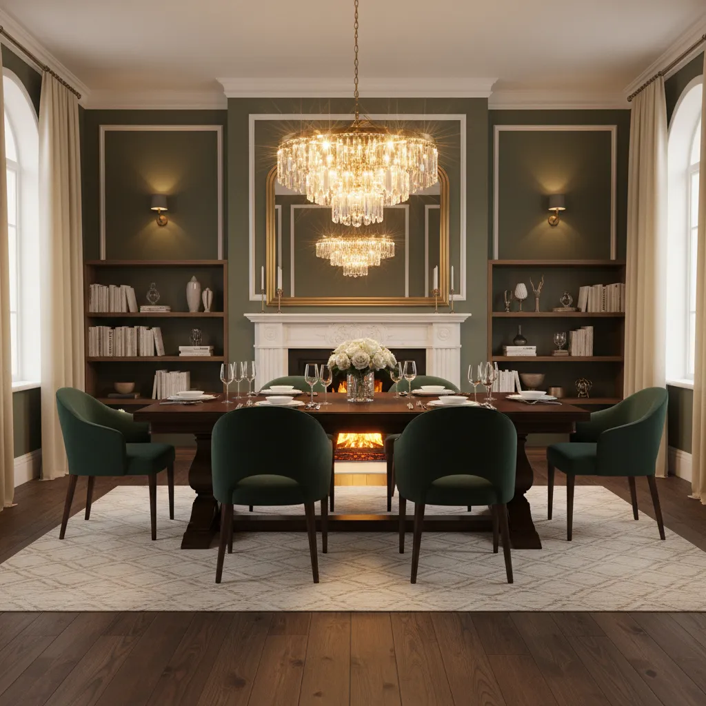 Dining room with warm chandelier lighting enhancing deep olive wall color