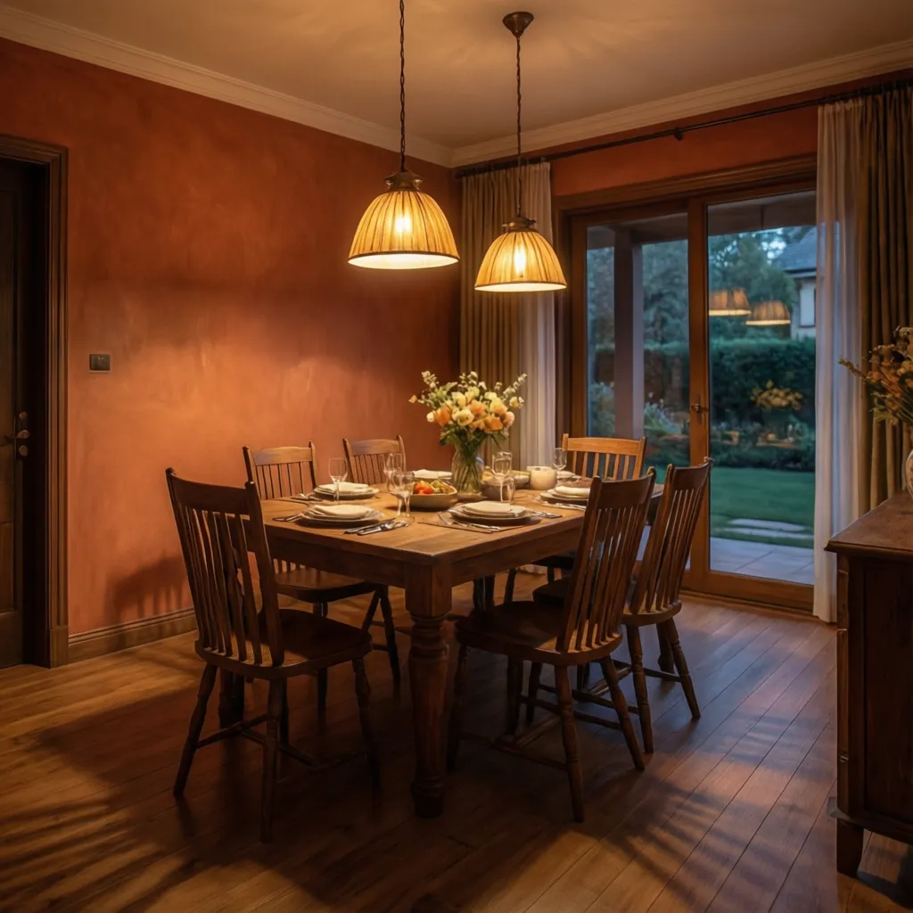 Dining room with terracotta walls wooden table and warm pendant lighting