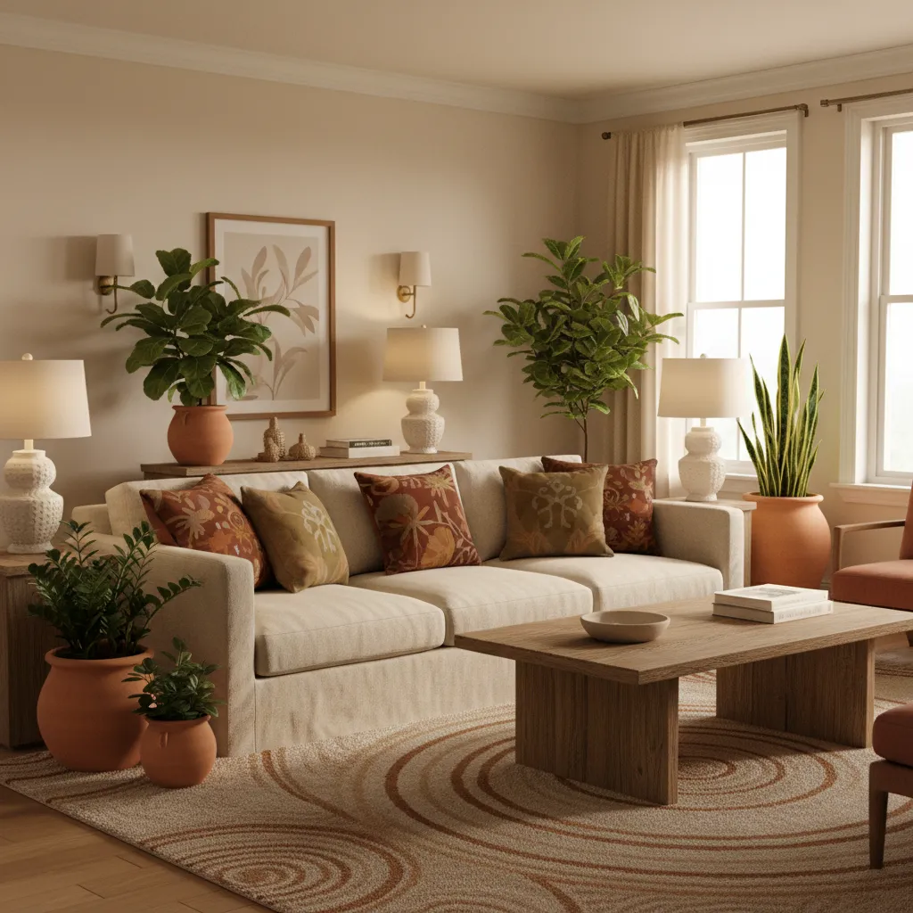 Living room showing warm earth tone palette with terracotta accents and wood furniture