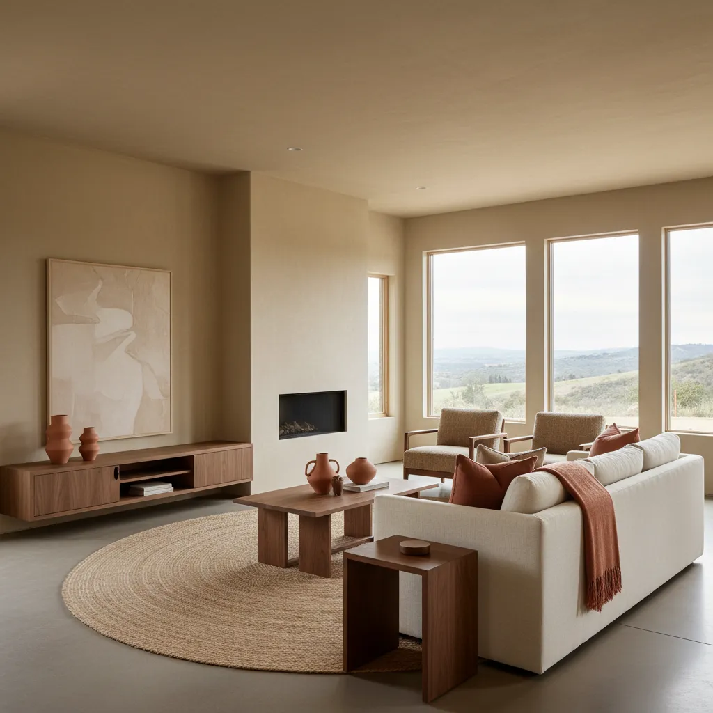Warm earthy color palette in modern ranch living room interior