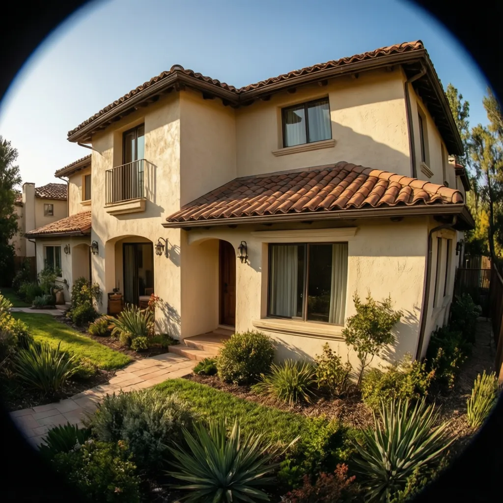 home exterior with stucco walls and clay colored metal roof