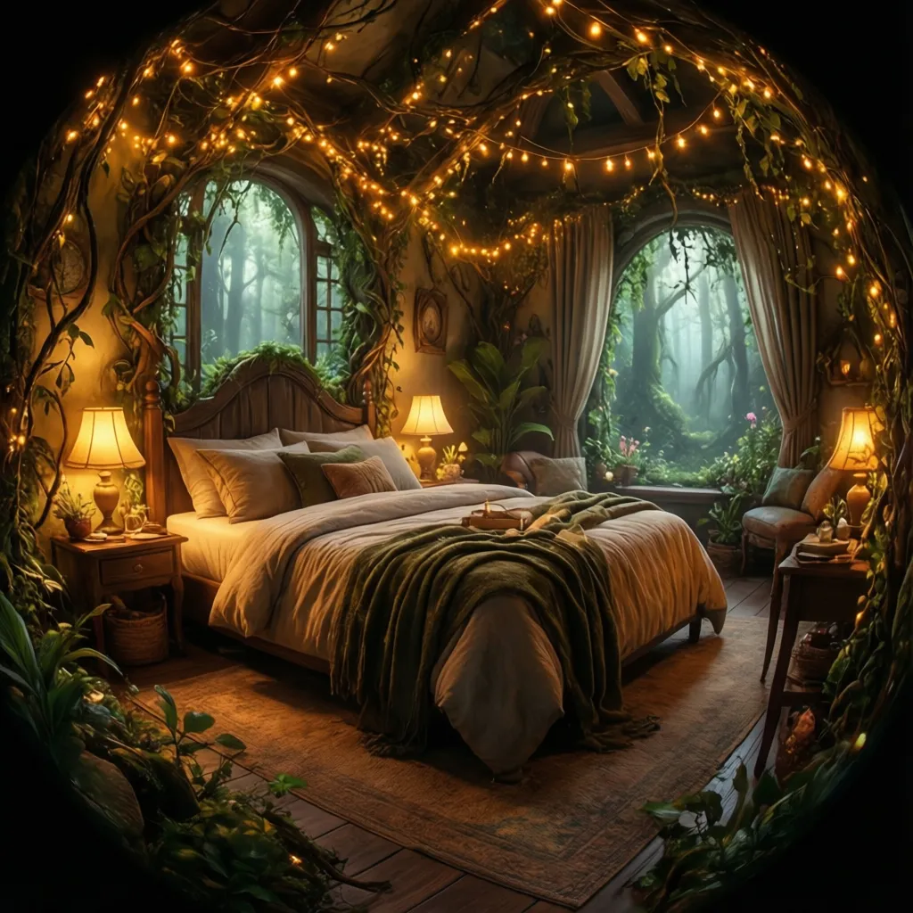 warm fairy lights illuminating enchanted forest bedroom decor