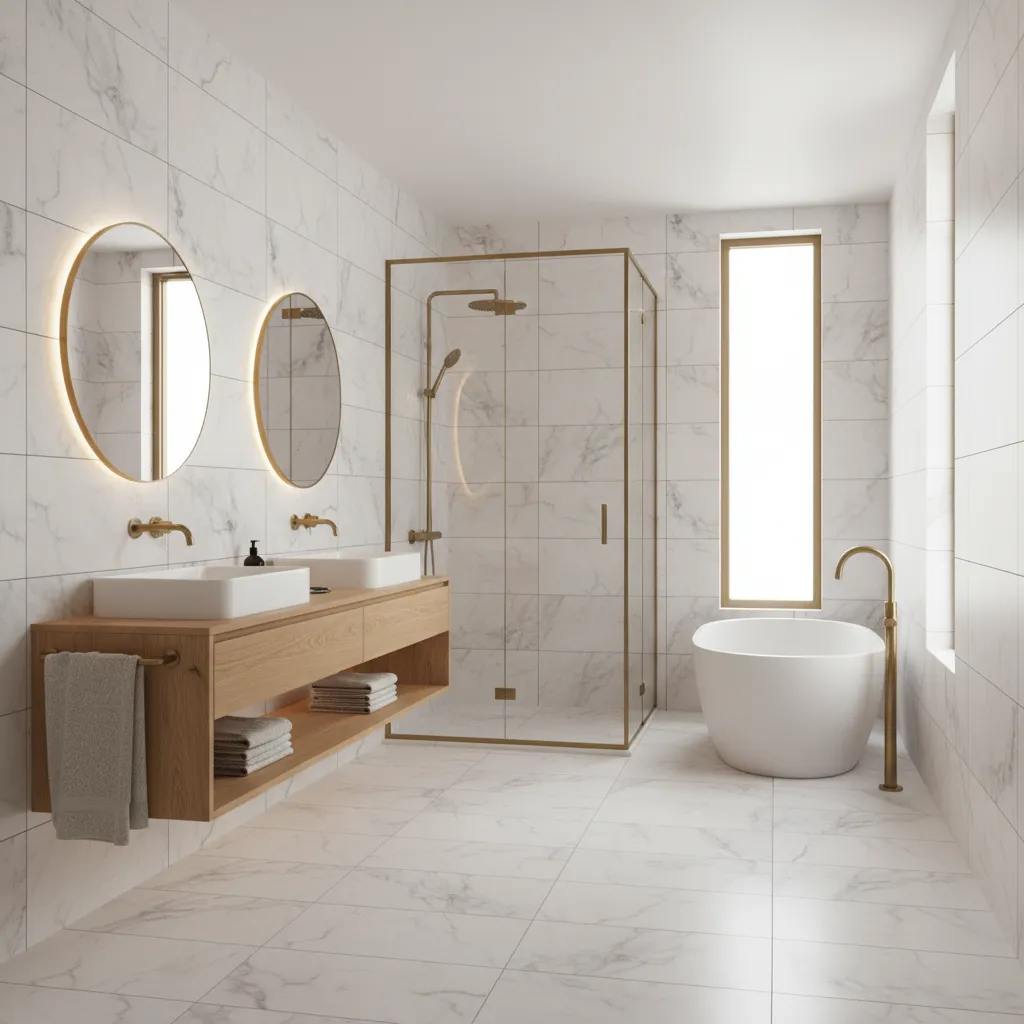White marble bathroom with double sinks, wood cabinet, glass shower, white bathtub, and gold taps