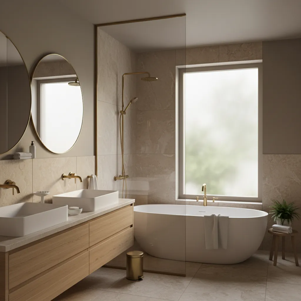 Warm gray bathroom walls paired with natural wood vanity and beige tiles