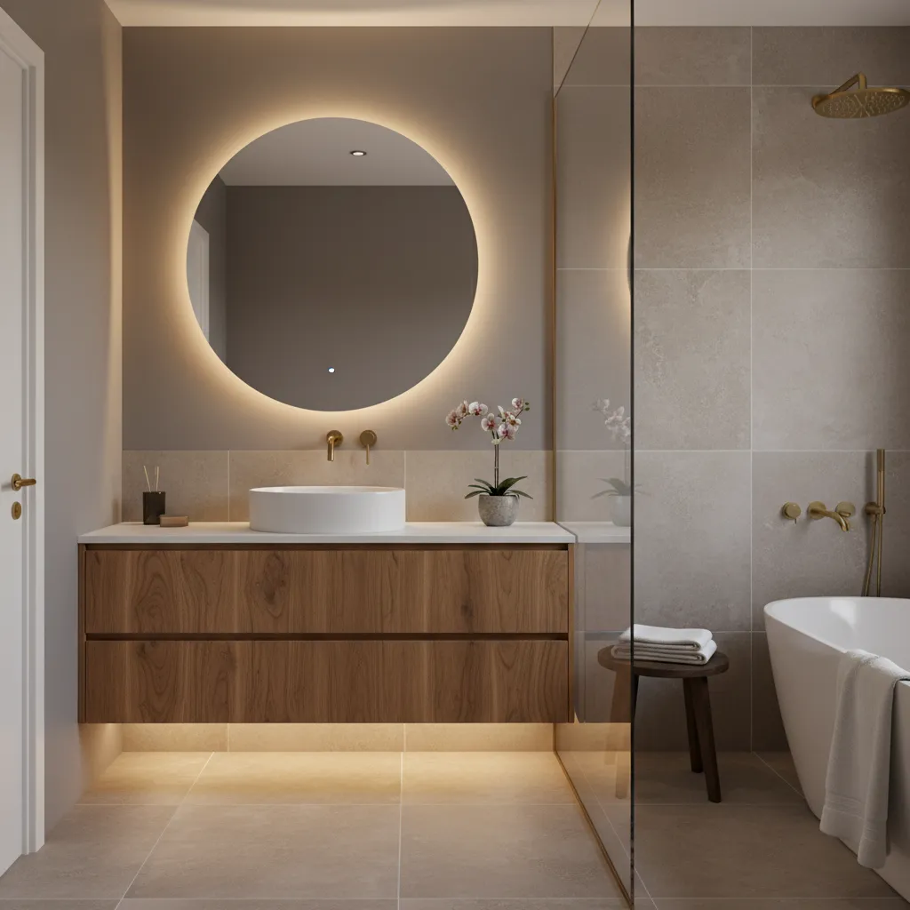 Bathroom interior with warm gray walls wood vanity and brass fixtures