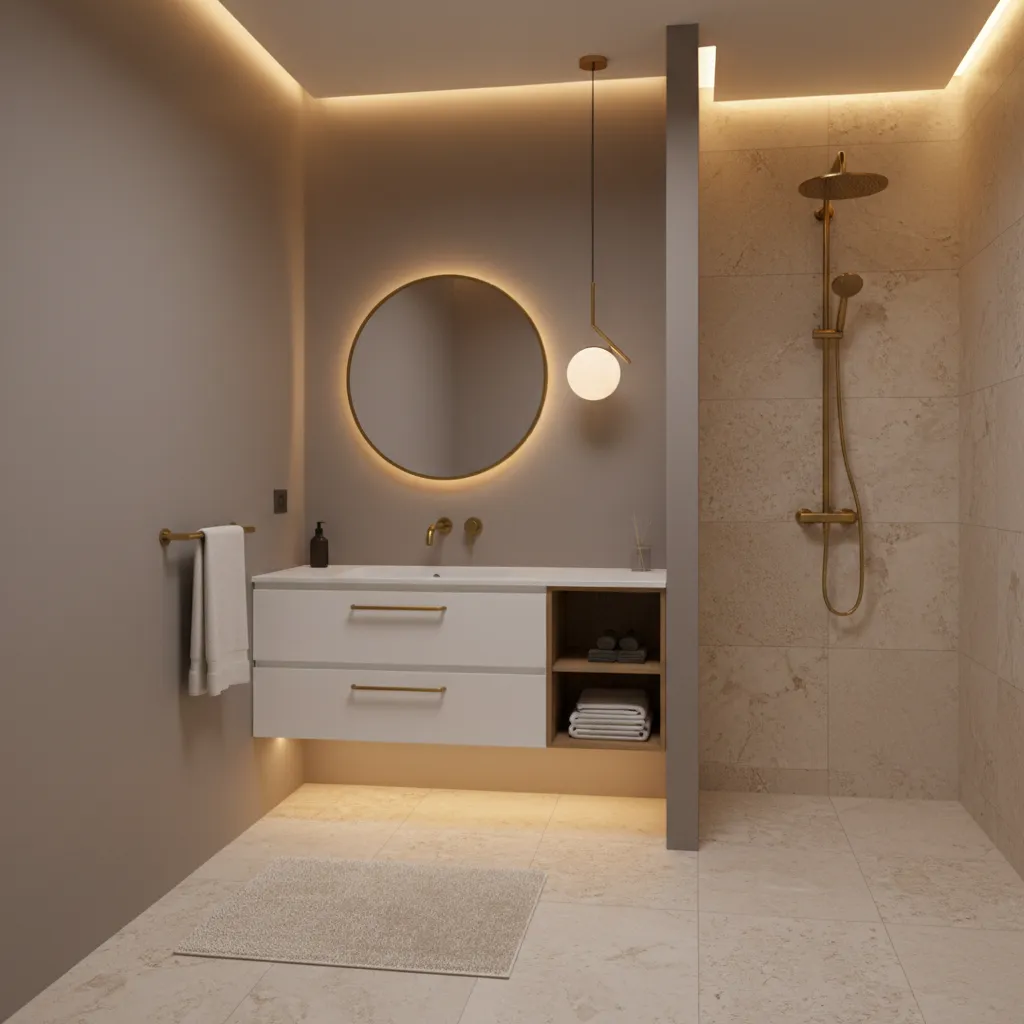 Small bathroom with warm gray paint and brass fixtures