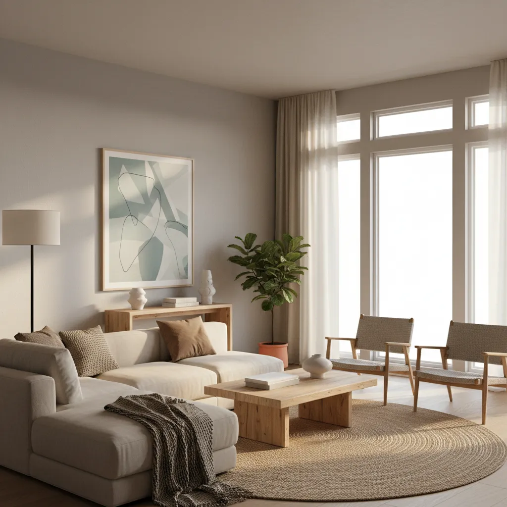 Warm gray living room with soft lighting and modern furniture