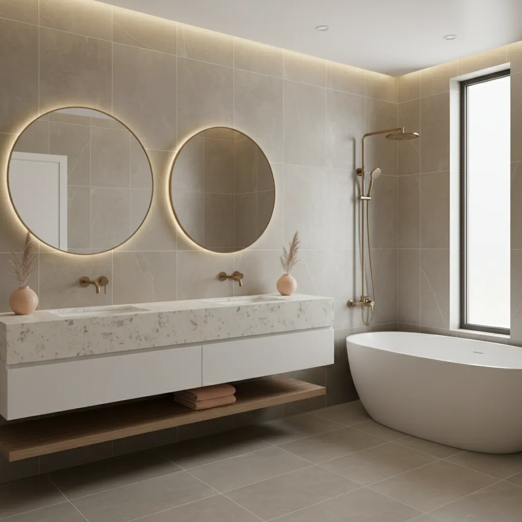 Bathroom featuring warm grey tiles and subtle peach accents with neutral materials