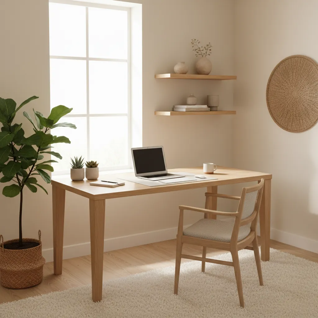 Warm cosy home office workspace with wooden desk and natural light