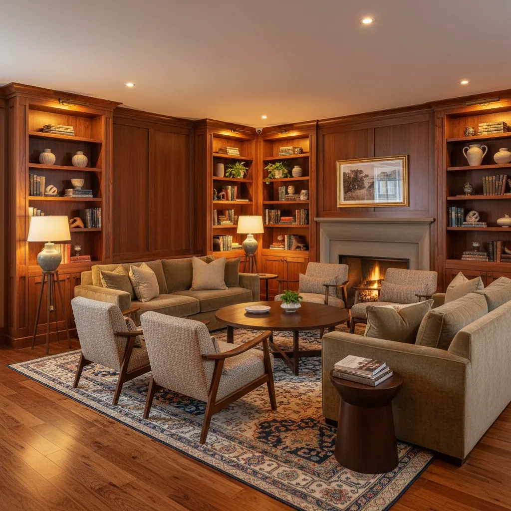 Warm library room with wood wall shelves burning fireplace patterned rug and round coffee table