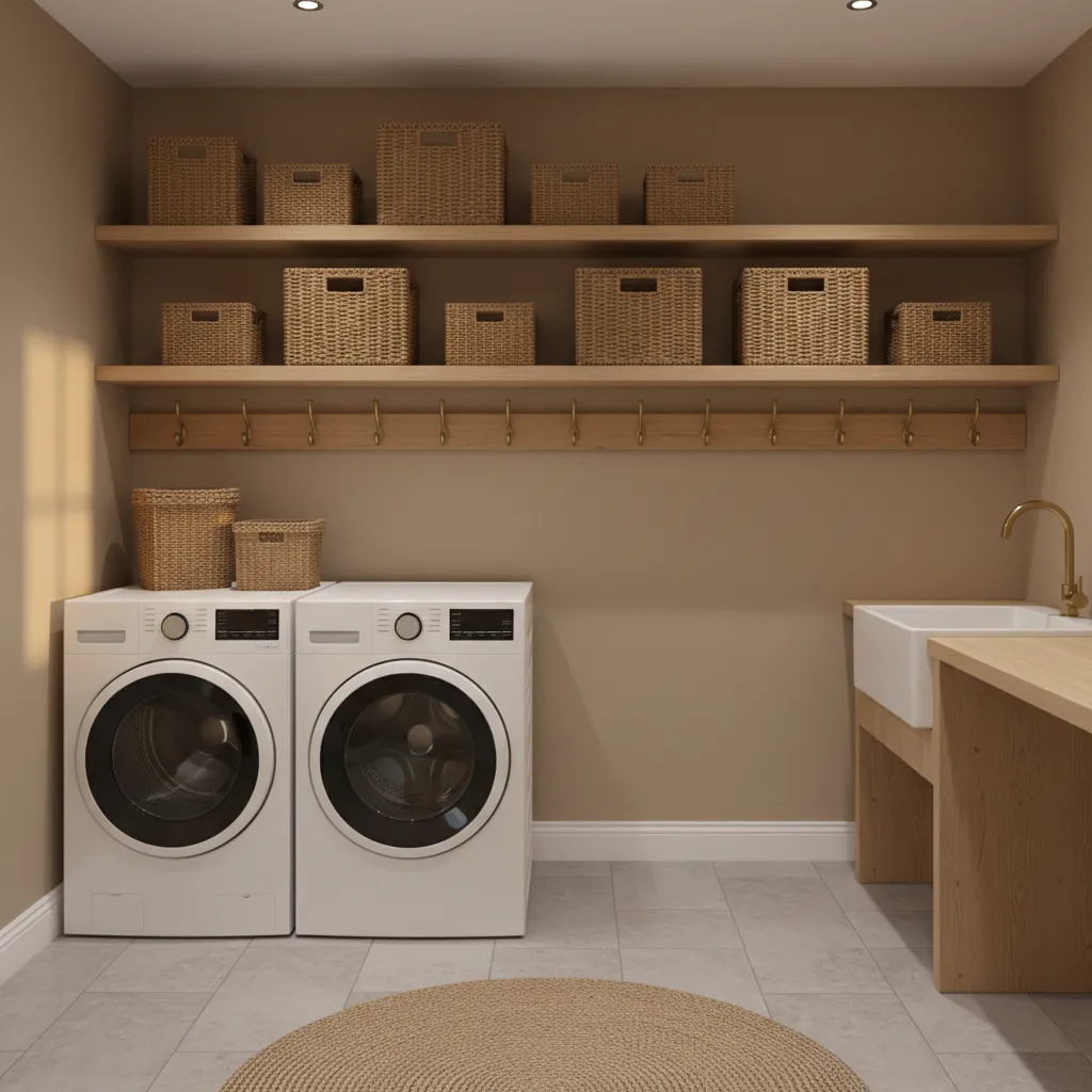Warm laundry room with beige walls white washing machines wooden shelves woven baskets and sink