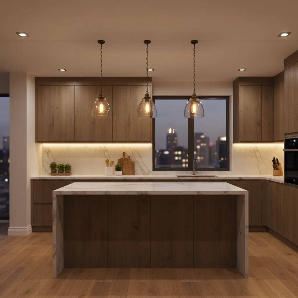 Kitchen showing layered lighting with pendants under cabinet lights and ambient glow