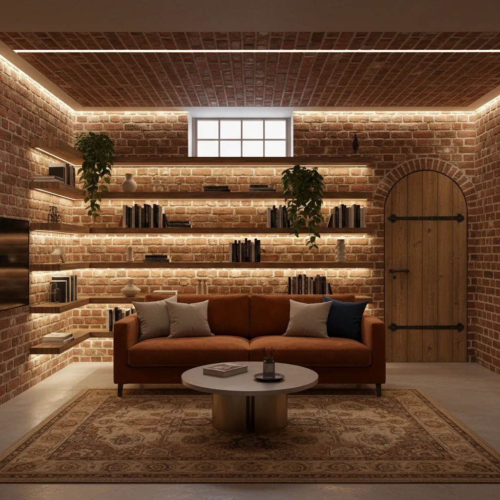 Warm LED lighting highlighting textures in an Amsterdam style basement interior