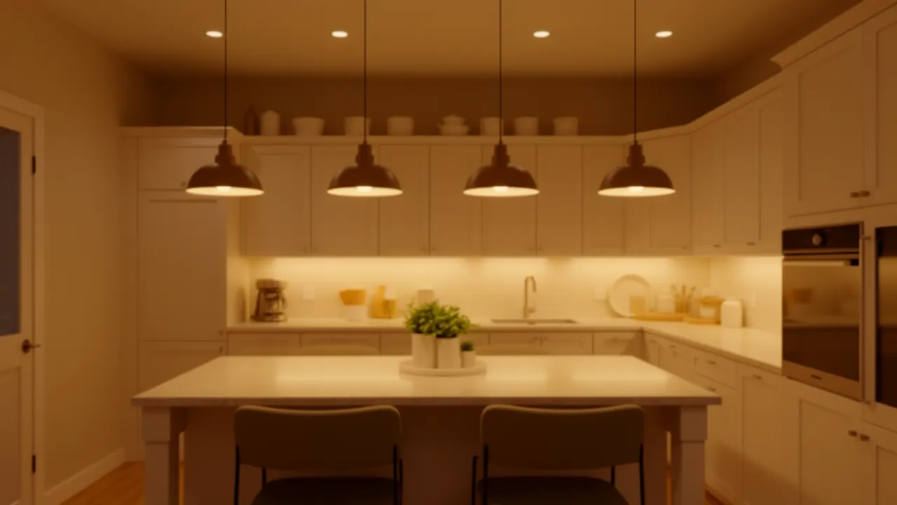 Warm color temperature LED lighting in a cozy small kitchen