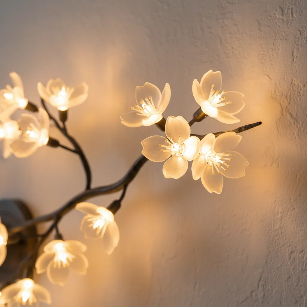 Close up of cherry blossom wall light petals glowing with warm LED