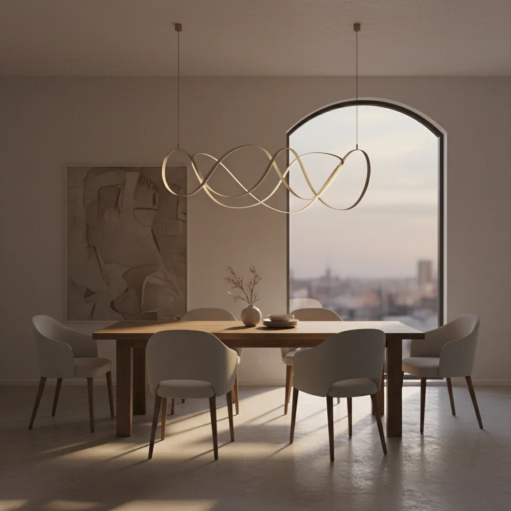 Dining room scene showing warm ambient lighting from swag lamp above table